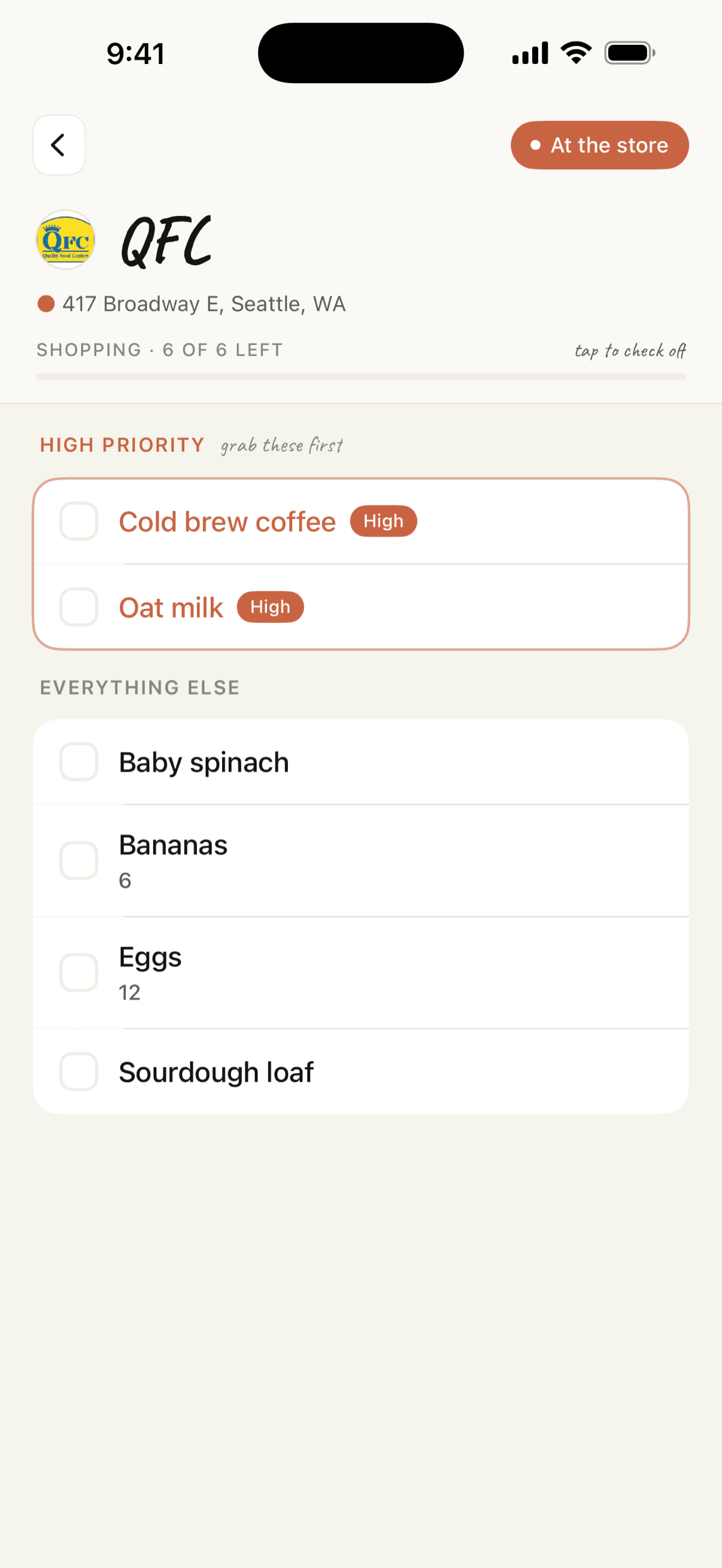 Brioche shopping mode at QFC with high-priority items pinned at the top