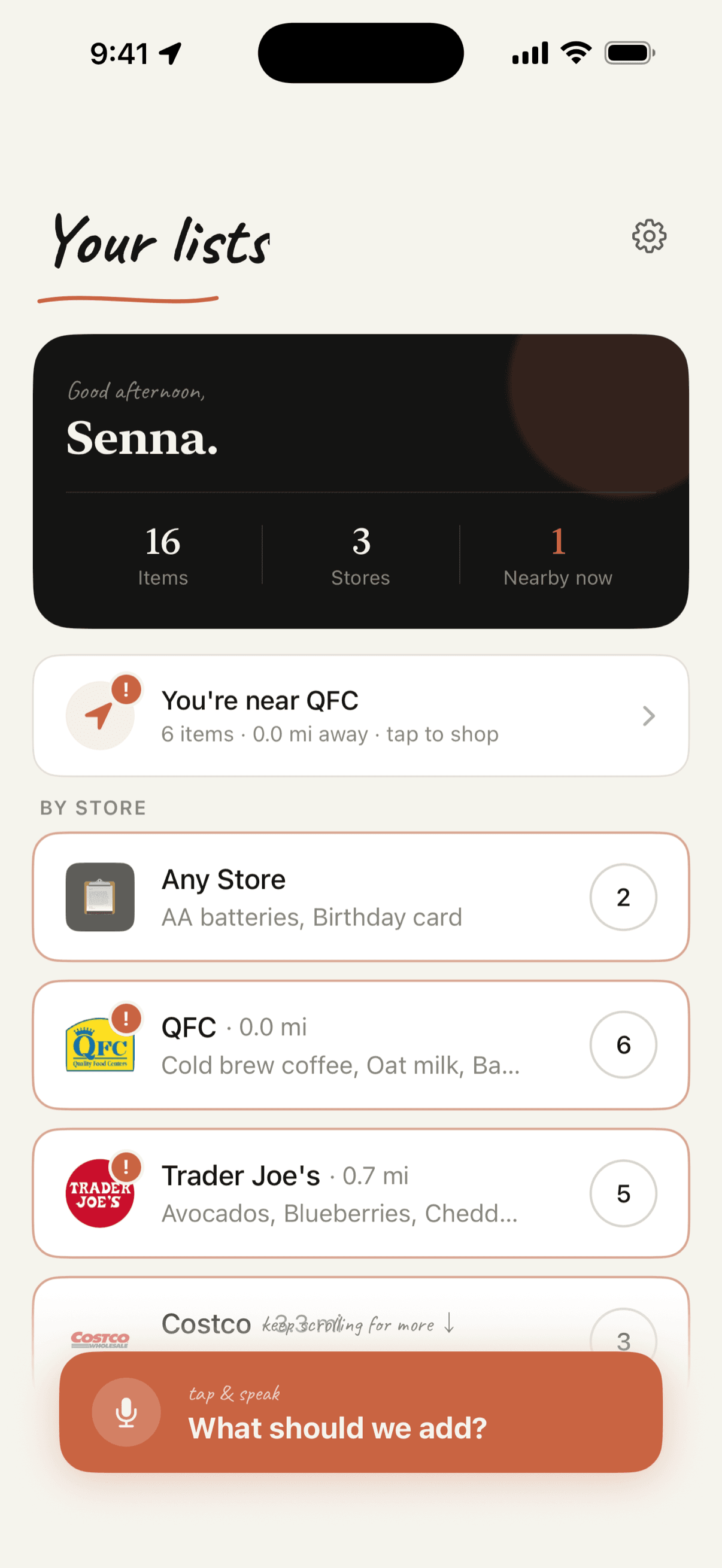 Brioche home screen with shopping lists grouped by store