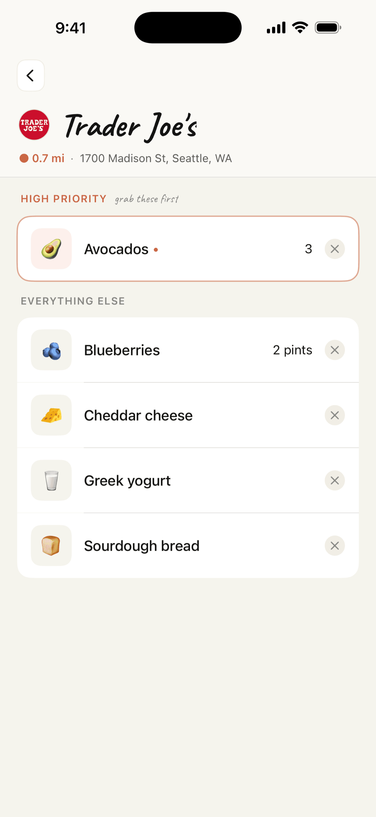 Brioche list for Trader Joe's with an arrival notification banner