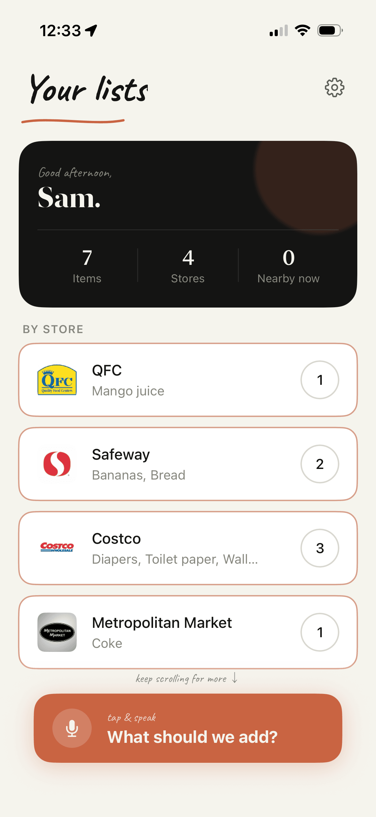 Brioche home screen showing shopping lists grouped by store